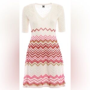 Missoni Chevron Knit Midi Dress in Cream, Pink and Gold IT46